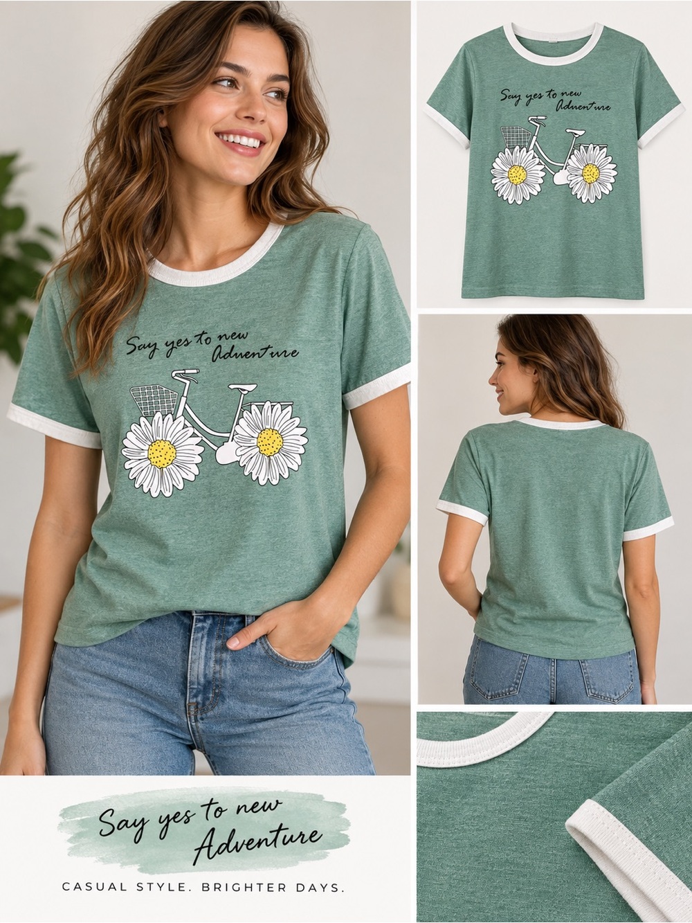 Women’s Sage Green Daisy Bicycle Ringer T-Shirt – “Say Yes to New Adventure”
